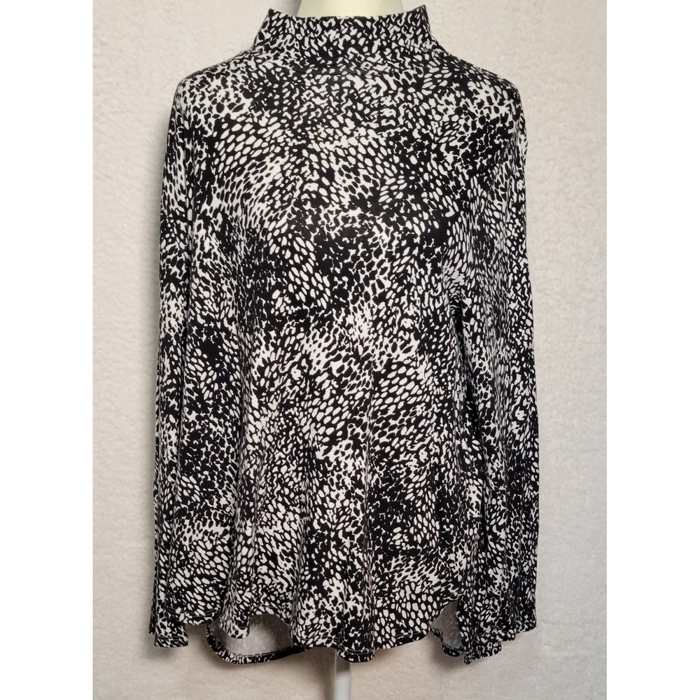 Chico's Women's Turtleneck Shirt Stretch Top Long Sleeve Size 3 Black White 0502